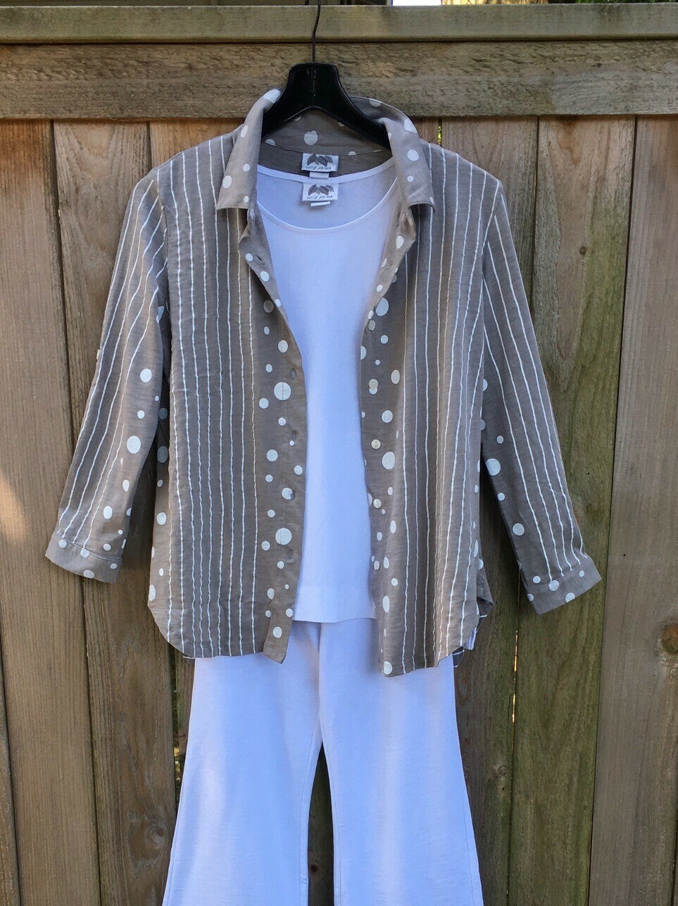 Stripes & Dots Bracelet Sleeve Shirt - White/Taupe Stripes & Dots Bracelet Sleeve Shirt - White/Taupe