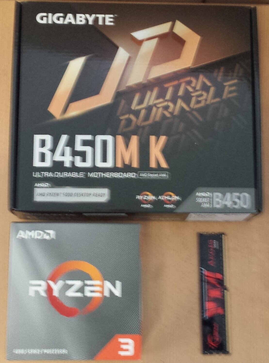 Aufrüstkit AMD Ryzen 3 4100 So. AM4 Boxed, Gigabyte Mainboard B450M K u. 8  GB DDR4 CG.Skill Aegis