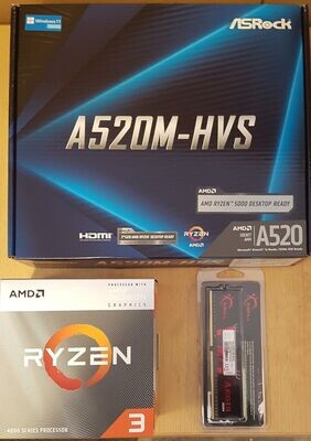 Aufrüstkit AMD Ryzen 3 4300G So. AM4 Boxed, ASRock Mainboard A520M-HVS u. 8 GB DDR4 G.Skill Aegis - integr. Grafik!