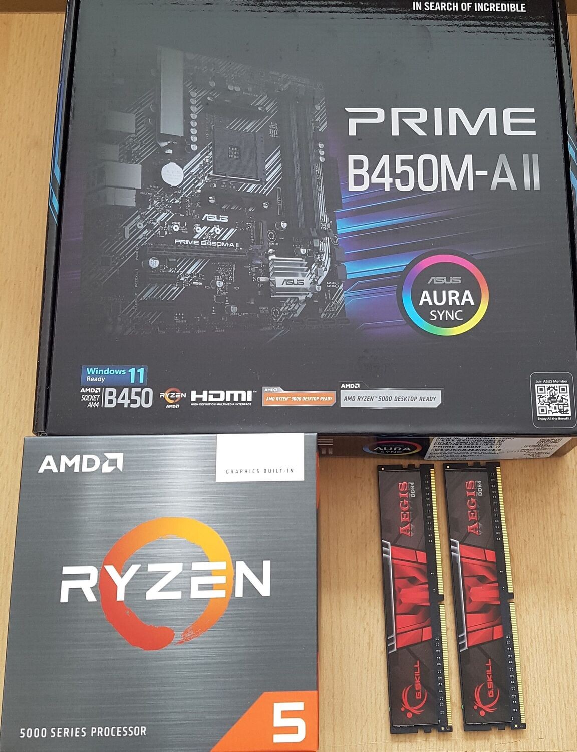Aufrüstkit AMD Ryzen 5 5600G So. AM4 Boxed, Asus Mainboard Prime B450M-A II u. 32 GB DDR4 G.Skill Aegis