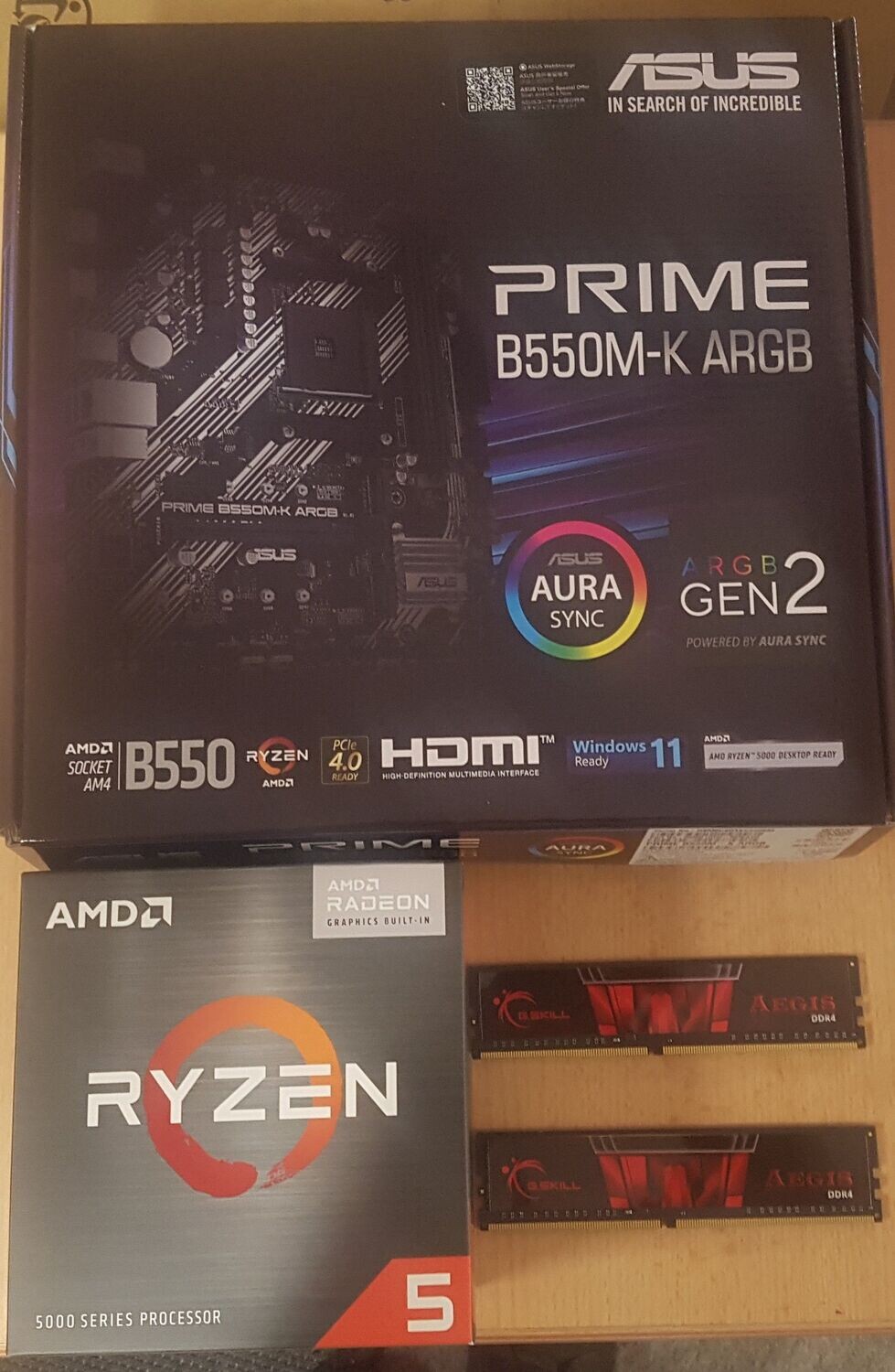 Aufrüstkit AMD Ryzen 5 5600G So. AM4 Boxed, Asus Mainboard Prime B550M- K ARGB u. 32 GB DDR4 G.Skill Aegis