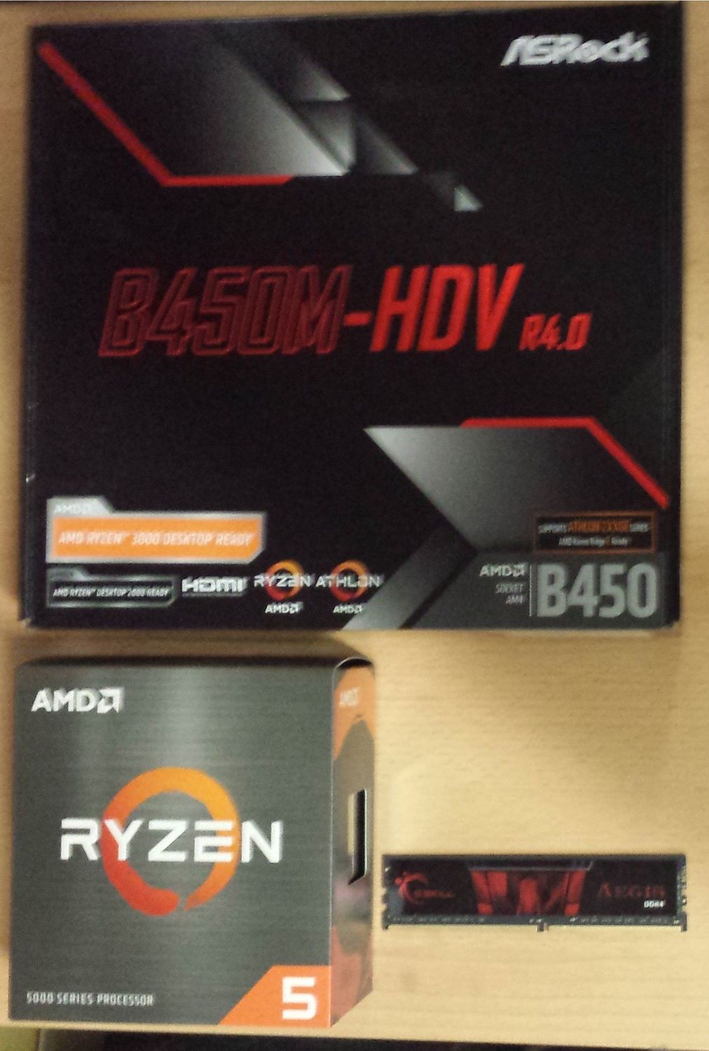 Aufrüstkit AMD Ryzen 5 5500 So. AM4 Boxed, ASRock Mainboard B450M-HDV u. 8 GB G.Skill Aegis PC3200