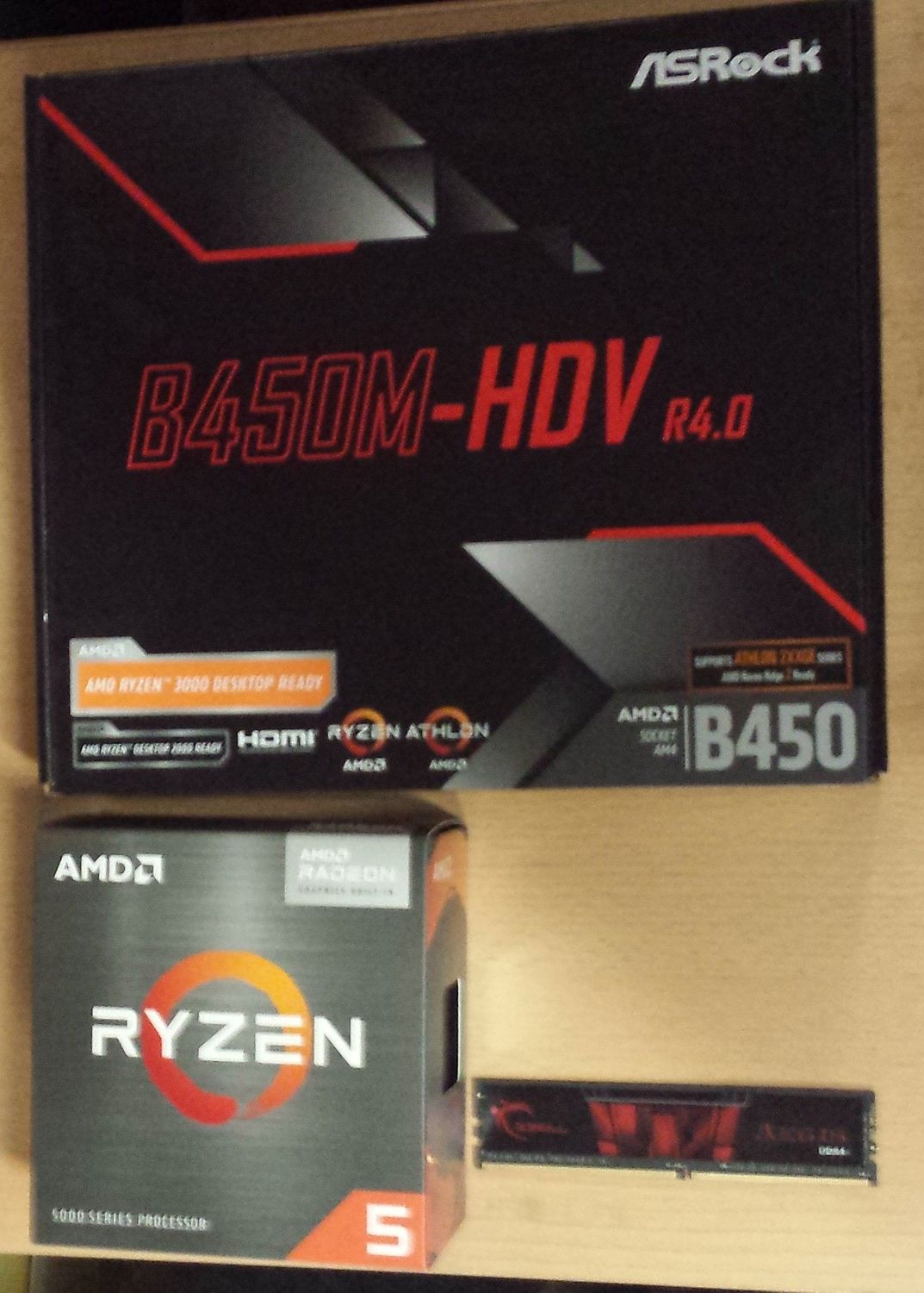 Aufrüstkit AMD Ryzen 5 5600G So. AM4 Boxed,  ASRock Mainboard B450M-HDV R4.0  u. 8 GB DDR4 G.Skill Aegis