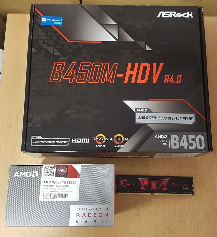 Aufrüstkit AMD Ryzen 3 3200G So. AM4 Boxed, ASRock Mainboard B450M-HDV u. 8 GB G.Skill Aegis PC3200