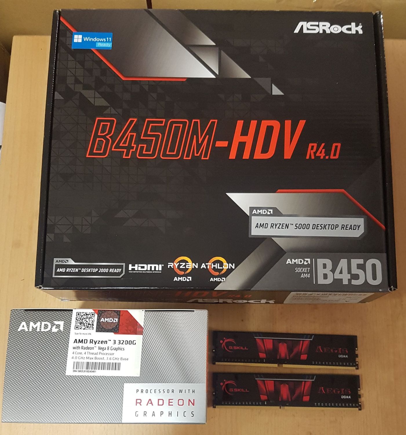 Aufrüstkit AMD Ryzen 3 3200G So. AM4 Boxed, ASRock Mainboard B450M-HDV u. 16 GB G.Skill Aegis PC3200