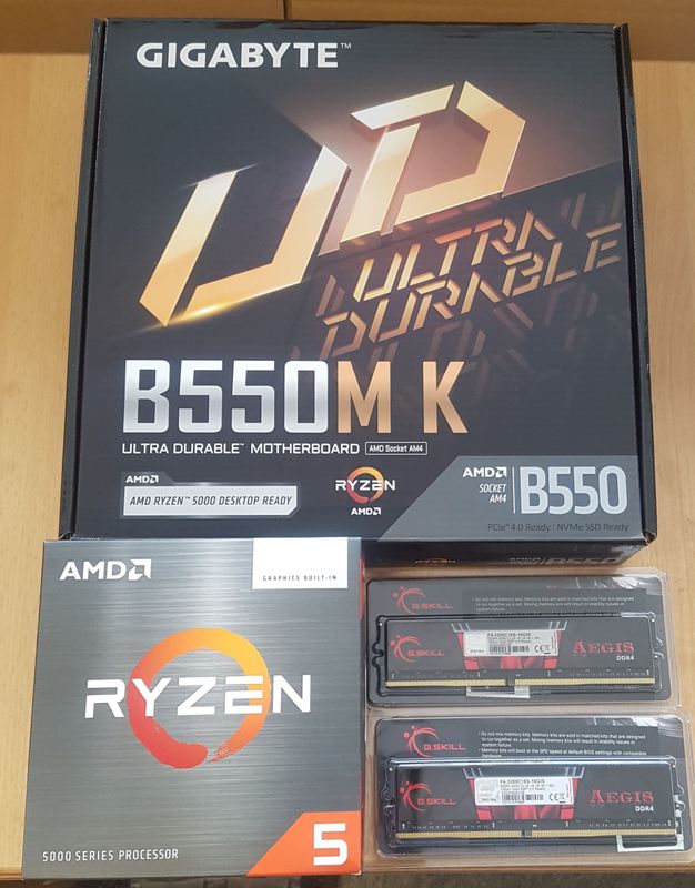Aufrüstkit AMD Ryzen 5 5600GT So. AM4 Boxed, Gigabyte Mainboard B550M K u. 16 GB DDR4 G.Skill Aegis Aufrüstkit AMD Ryzen 5 5600GT So. AM4 Boxed, Gigabyte Mainboard B550M K u. 16 GB DDR4 G.Skill Aegis