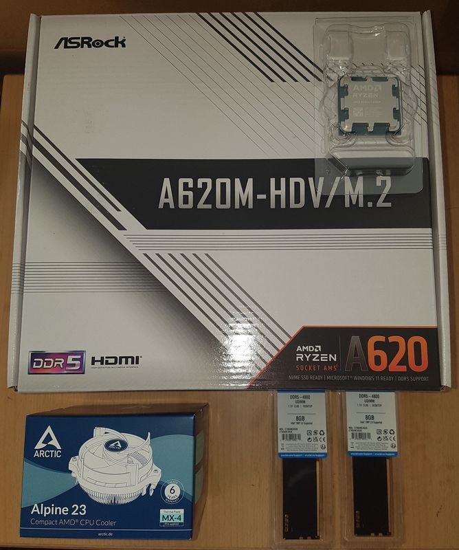 Aufrüstkit AMD Ryzen 5 8400F Tray, ASRock Mainboard A620M-HDV/M.2 u. 16 GB DDR5 Crucial