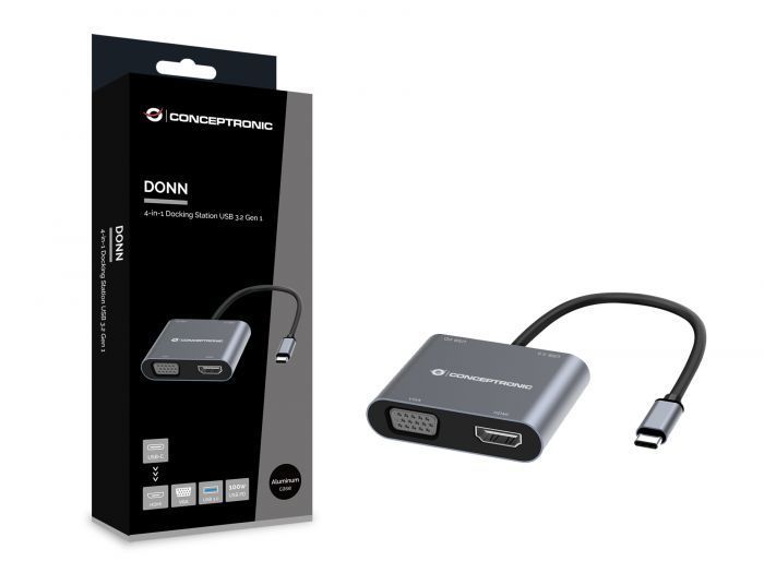 Conceptronic 4 in 1 USB-C Docking Station HDMI, VGA, USB 3.0, USB PD Conceptronic 4 in 1 USB-C Docking Station HDMI, VGA, USB 3.0, USB PD