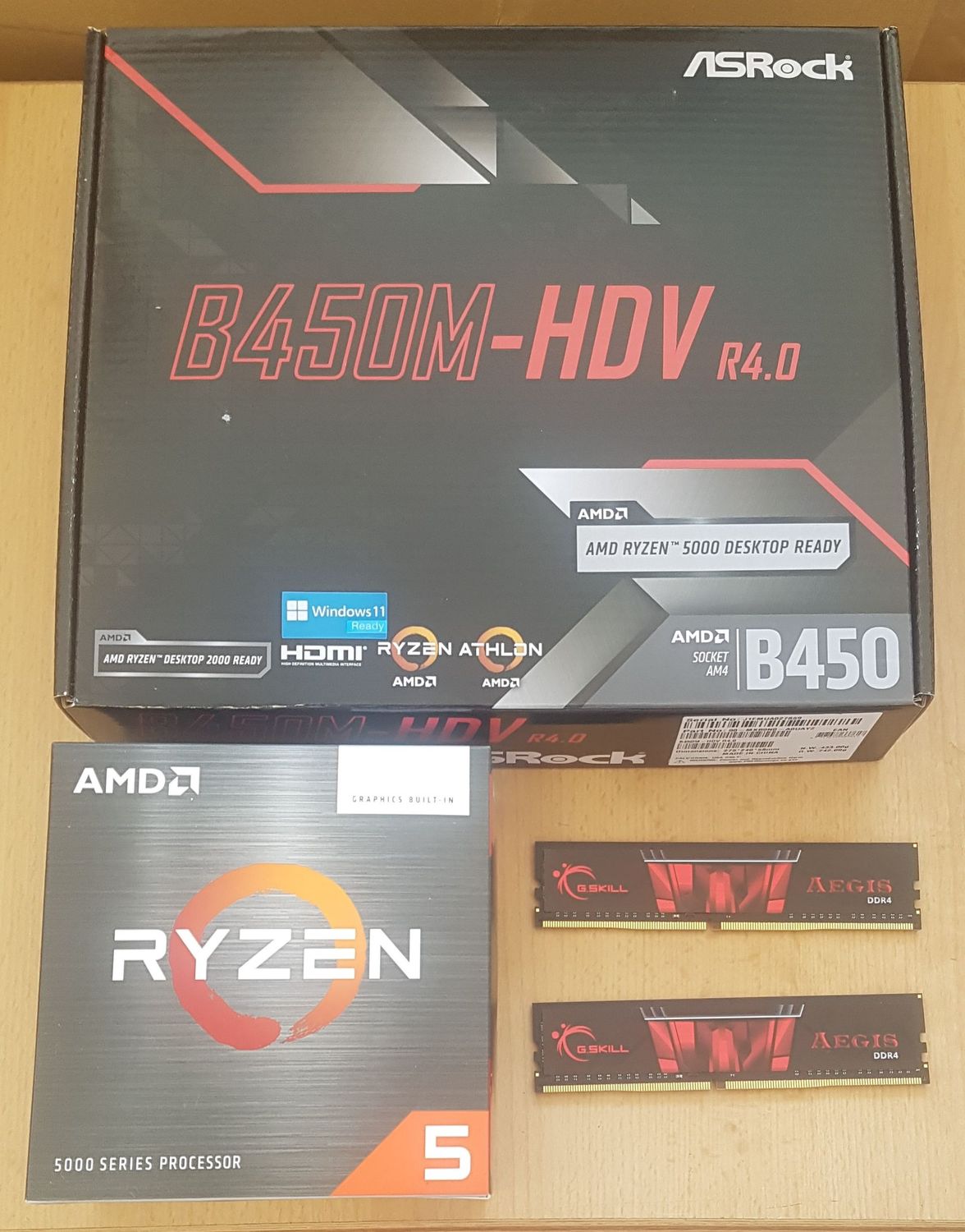 Aufrüstkit AMD Ryzen 5 5600G So. AM4 Boxed,  ASRock Mainboard B450M-HDV R4.0  u. 32 GB DDR4 G.Skill Aegis
