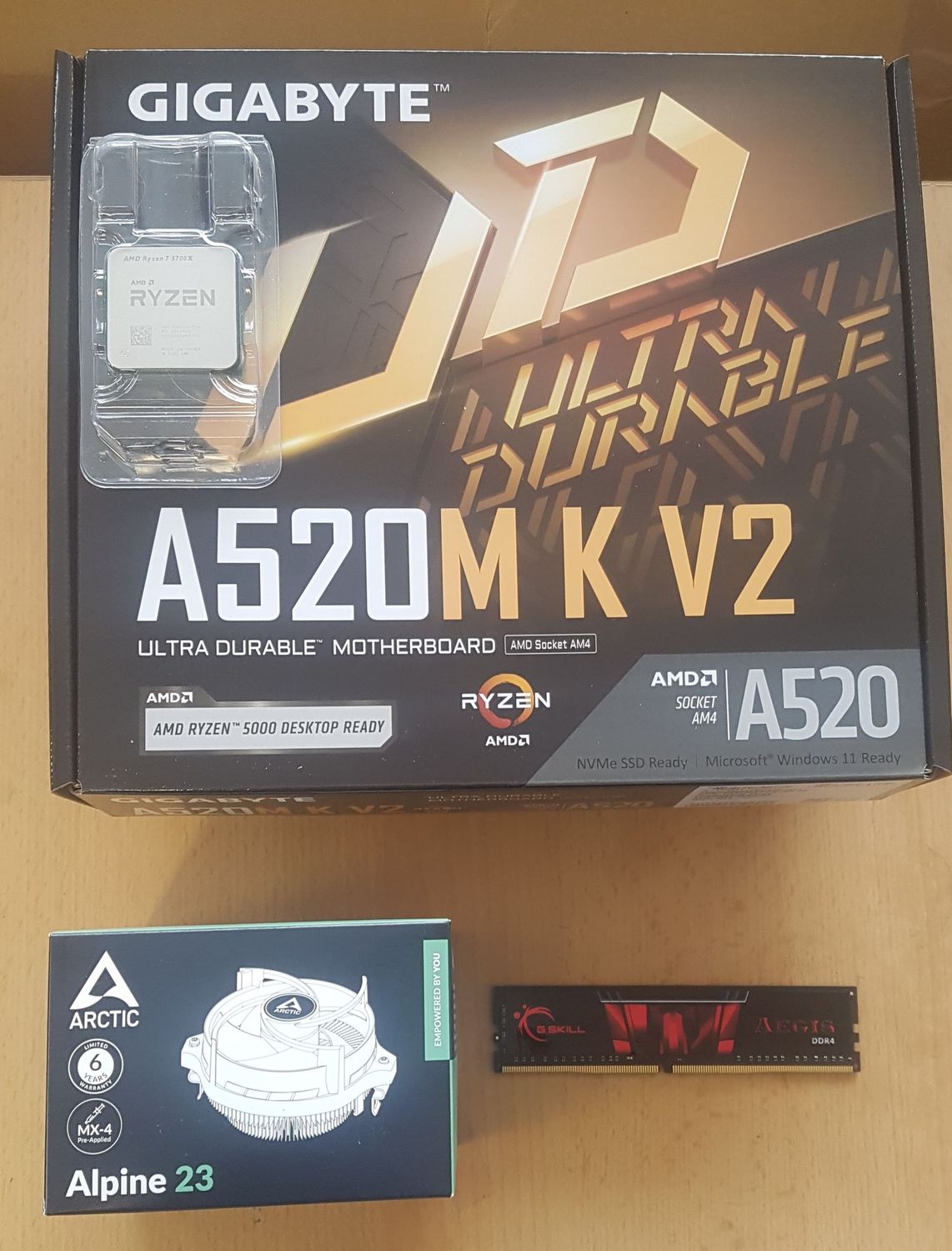 Aufrüstkit AMD Ryzen 7 5700X So. AM4 Tray,  Gigabyte Mainboard A520M K V2  u. 8 GB DDR4 G.Skill Aegis