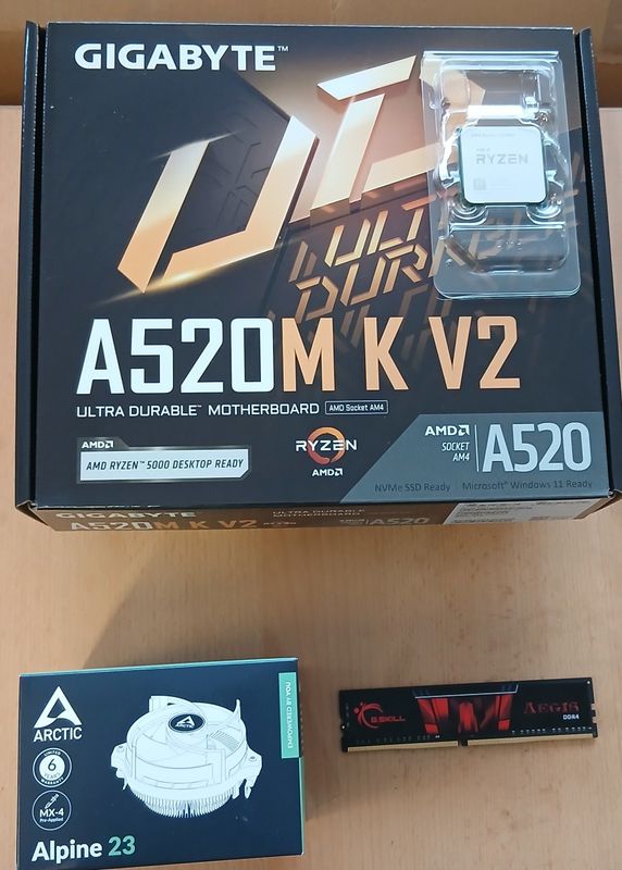 Aufrüstkit AMD Ryzen 5 5500GT So. AM4 Tray, Gigabyte Mainboard A520M K V2 u. 8 GB G.Skill Aegis PC3200 - incl. Grafik