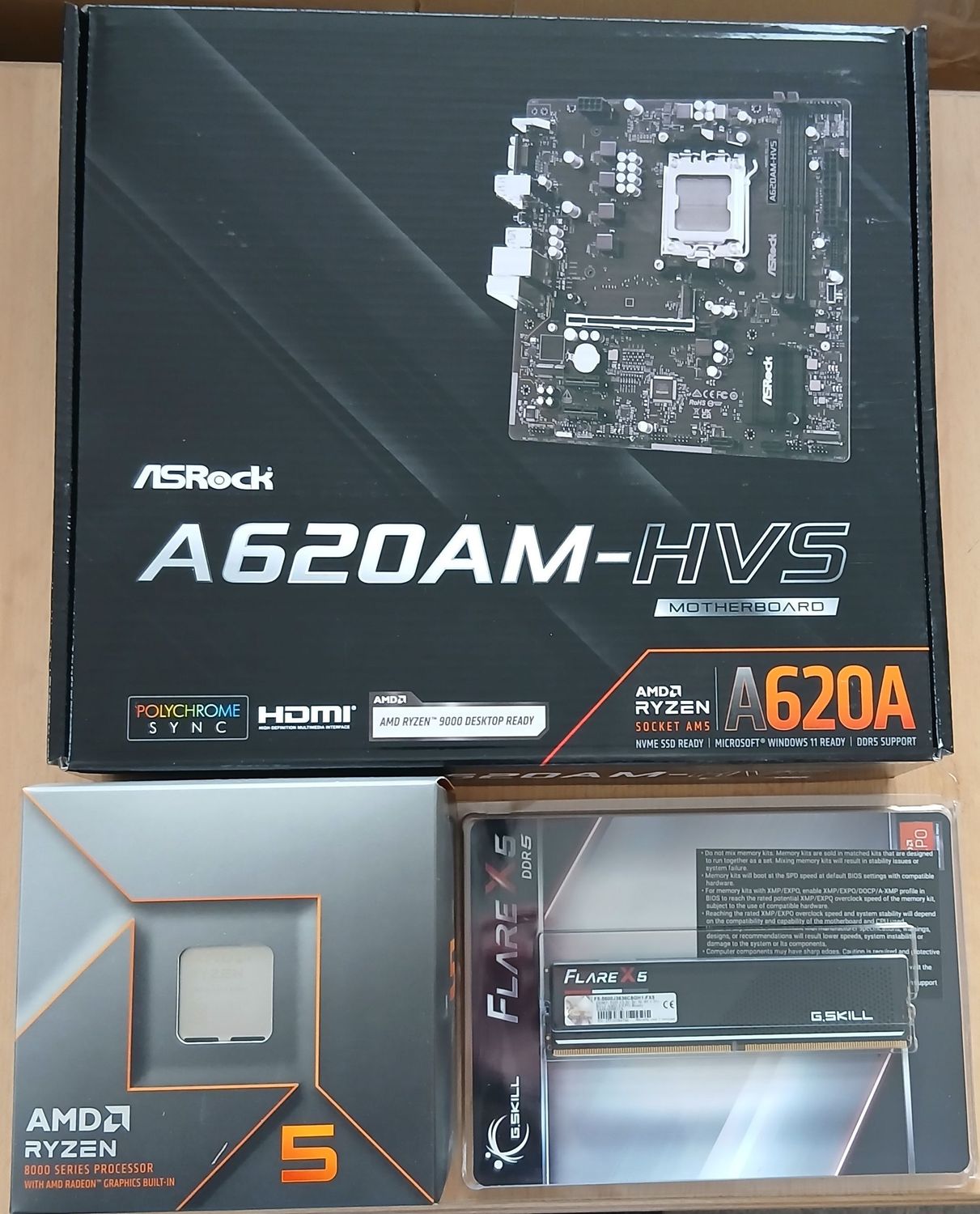 Aufrüstkit AMD Ryzen 5 8500G So. AM5 Boxed, ASRock Mainboard A620AM-HVS u. 16 GB DDR5 G.Skill Flare X PC5600 Aufrüstkit AMD Ryzen 5 8500G So. AM5 Boxed, ASRock Mainboard A620AM-HVS u. 16 GB DDR5 G.Skill Flare X PC5600
