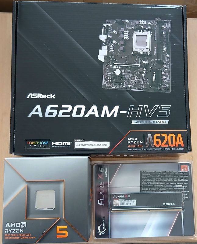 Aufrüstkit AMD Ryzen 5 8500G So. AM5 Boxed, ASRock Mainboard A620AM-HVS u. 8 GB DDR5 G.Skill Flare X PC5600