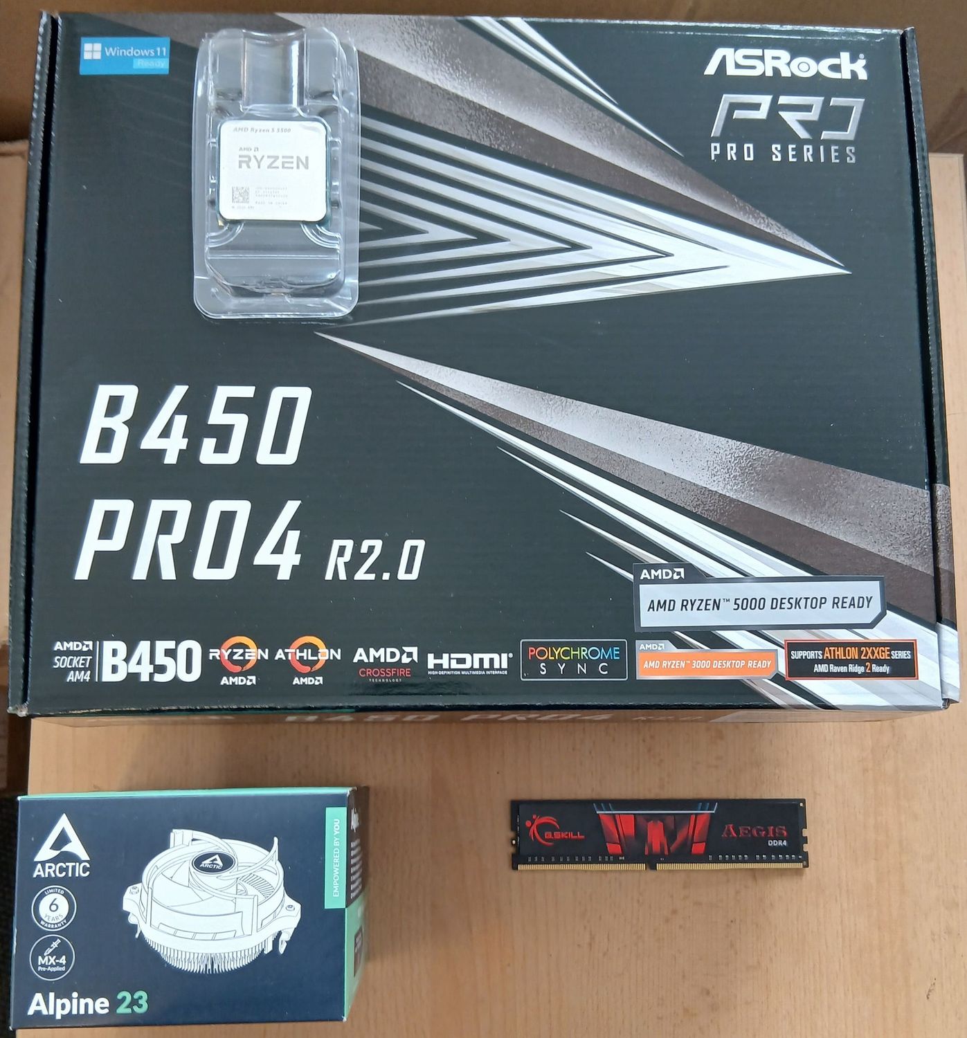 Aufrüstkit AMD Ryzen 5 5500 So. AM4 Tray, ASRock Mainboard B450 PRO4 R2.0 u. 8 GB G.Skill Aegis PC3200