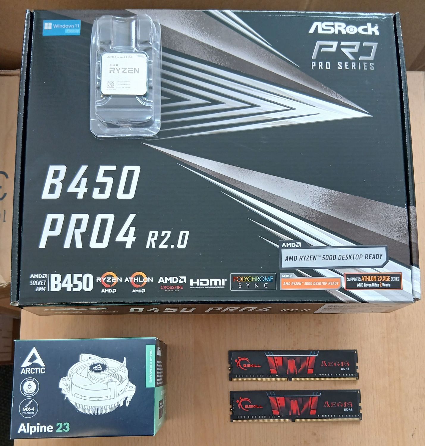 Aufrüstkit AMD Ryzen 5 5500 So. AM4 Tray, ASRock Mainboard B450 PRO4 R2.0 u. 16 GB G.Skill Aegis PC3200