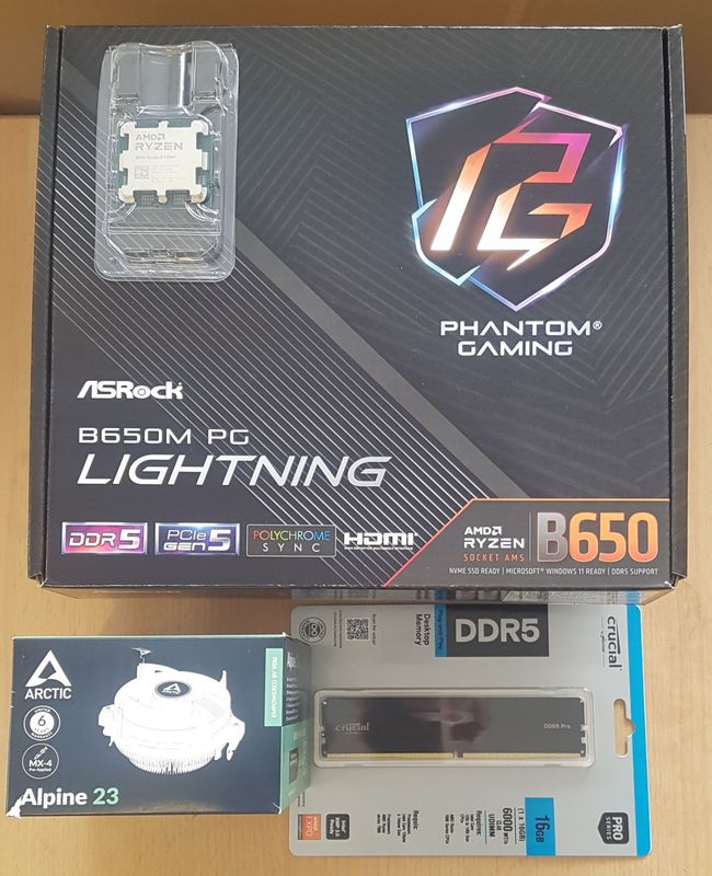 Aufrüstkit AMD Ryzen 5 7500F So. AM5 Tray, ASRock Mainboard B650M PG Lightning u. 1x 16 GB DDR5 Crucial Pro 6000 MHz Aufrüstkit AMD Ryzen 5 7500F So. AM5 Tray, ASRock Mainboard B650M PG Lightning u. 1x 16 GB DDR5 Crucial Pro 6000 MHz