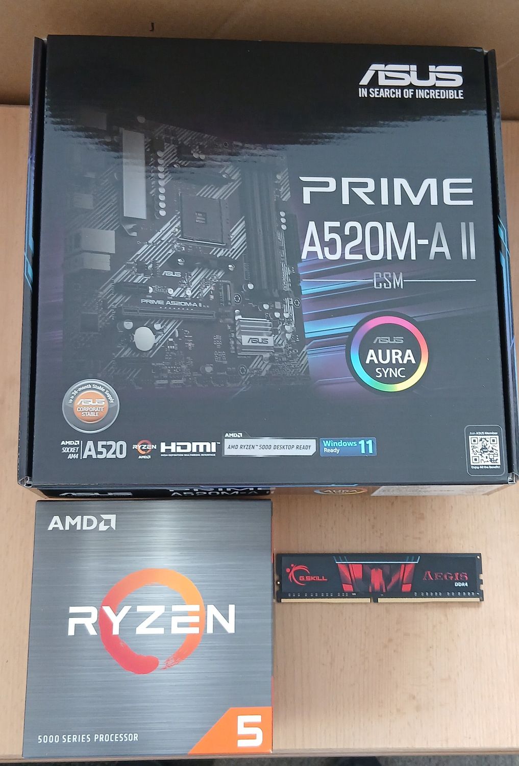 Aufrüstkit AMD Ryzen 5 5500 So. AM4 Boxed, Asus Mainboard Prime A520M-A II u. 8 GB DDR4 RAM G.Skill Aegis