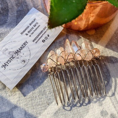 Pale Pink Quartz Wire Wrapped Gemstone Hair Comb