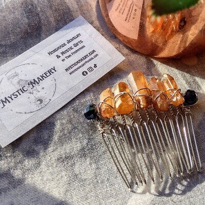 Golden Quartz w/ black Swarovski - Wire Wrapped Gemstone Hair Comb
