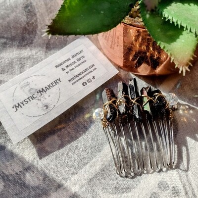 Black Quartz &amp; Clear Swarovski Wire Wrapped Gemstone Hair Comb