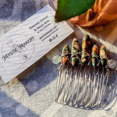 Multi Jasper &amp; Clear Swarovski Wire Wrapped Gemstone Hair Comb