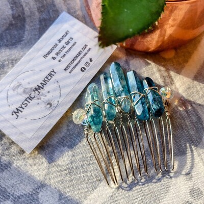 Ocean Blue Quartz &amp; Clear Swarovski Wire Wrapped Gemstone Hair Comb