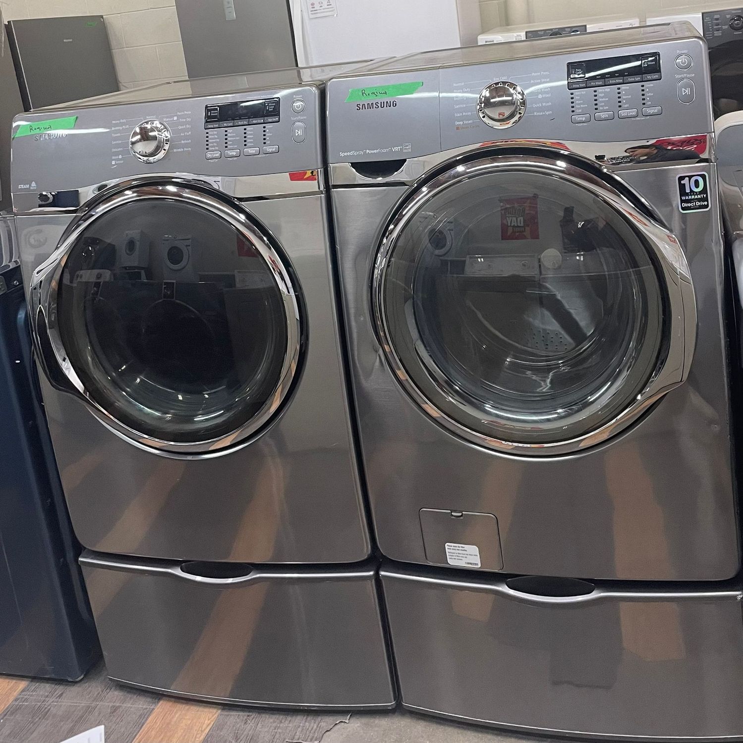 Samsung washer and Dryer set with pedestals , WF405ATPASU/AA, DV405ETPASU/AC
