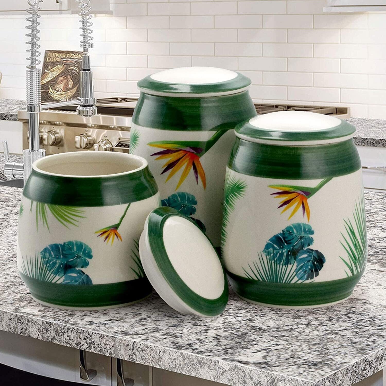 Elama 3 Piece Ceramic Kitchen Canister Collection in Green