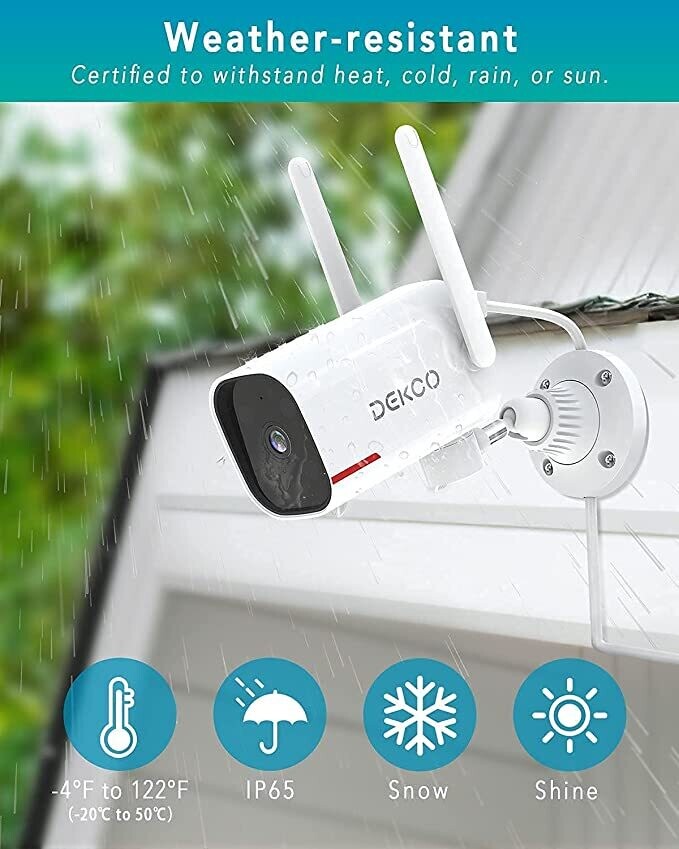 DEKCO Lot de 2 caméras de sécurité d&#39;extérieur rotatives à 180° avec audio bidirectionnel, vision nocturne, Wi-Fi 2,4 G, IP65, alarme de détection de mouvement