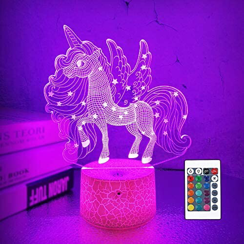 FULLOSUN Veilleuse 3D licorne - 16 couleurs changeantes - Avec télécommande - Illusion d&#39;hologramme - Décoration d&#39;intérieur - Cadeau d&#39;anniversaire personnalisé pour fille, adolescente ou amie