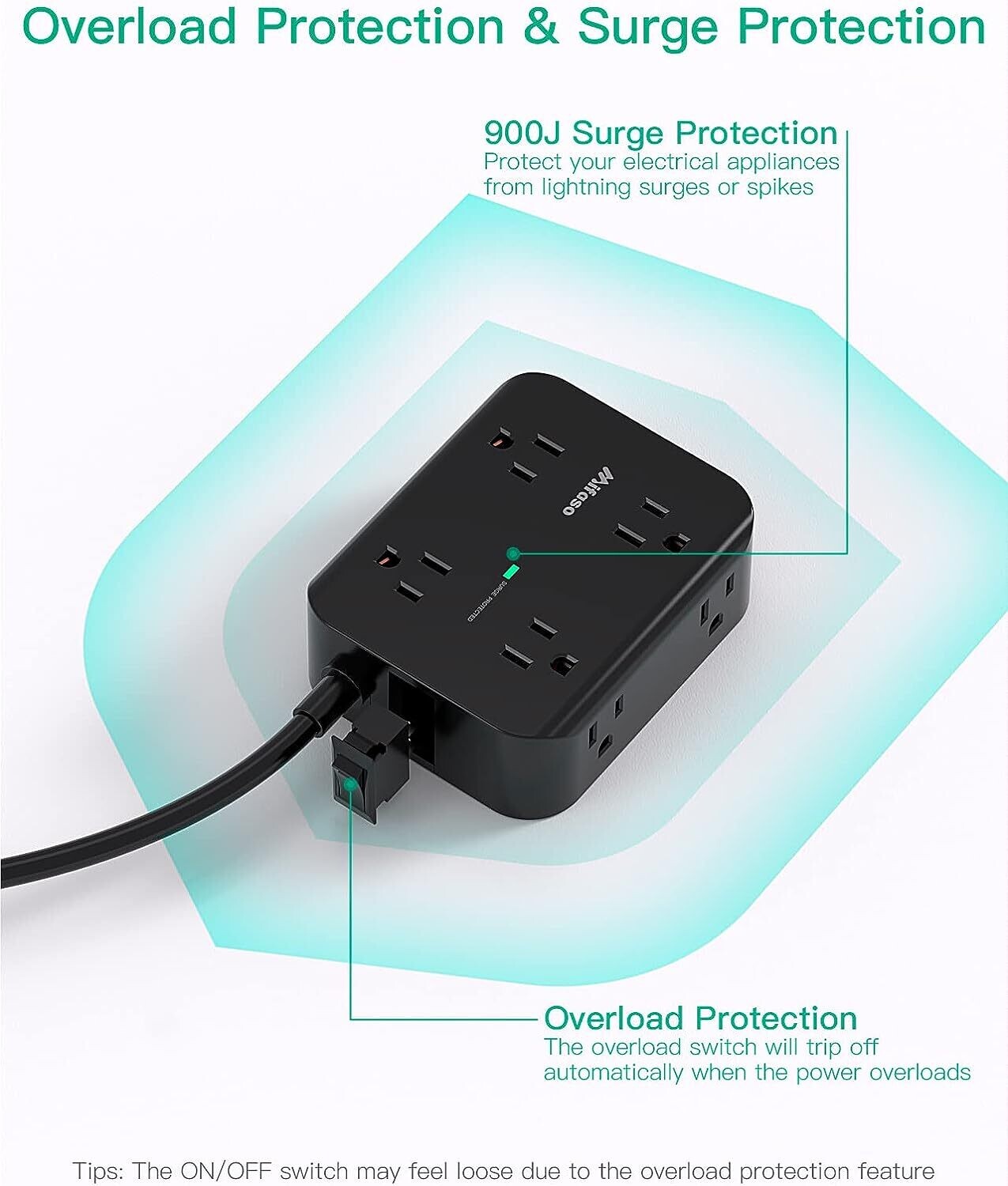 Power Strip Surge Protector - Flat Plug, Wall Mount, 8 Wide Outlets with 4 USB Ports (1 USB C), 5FT Heavy Duty Extension Cord with Multiple Outlets, Charging Station Overload Protection for Home Dorm