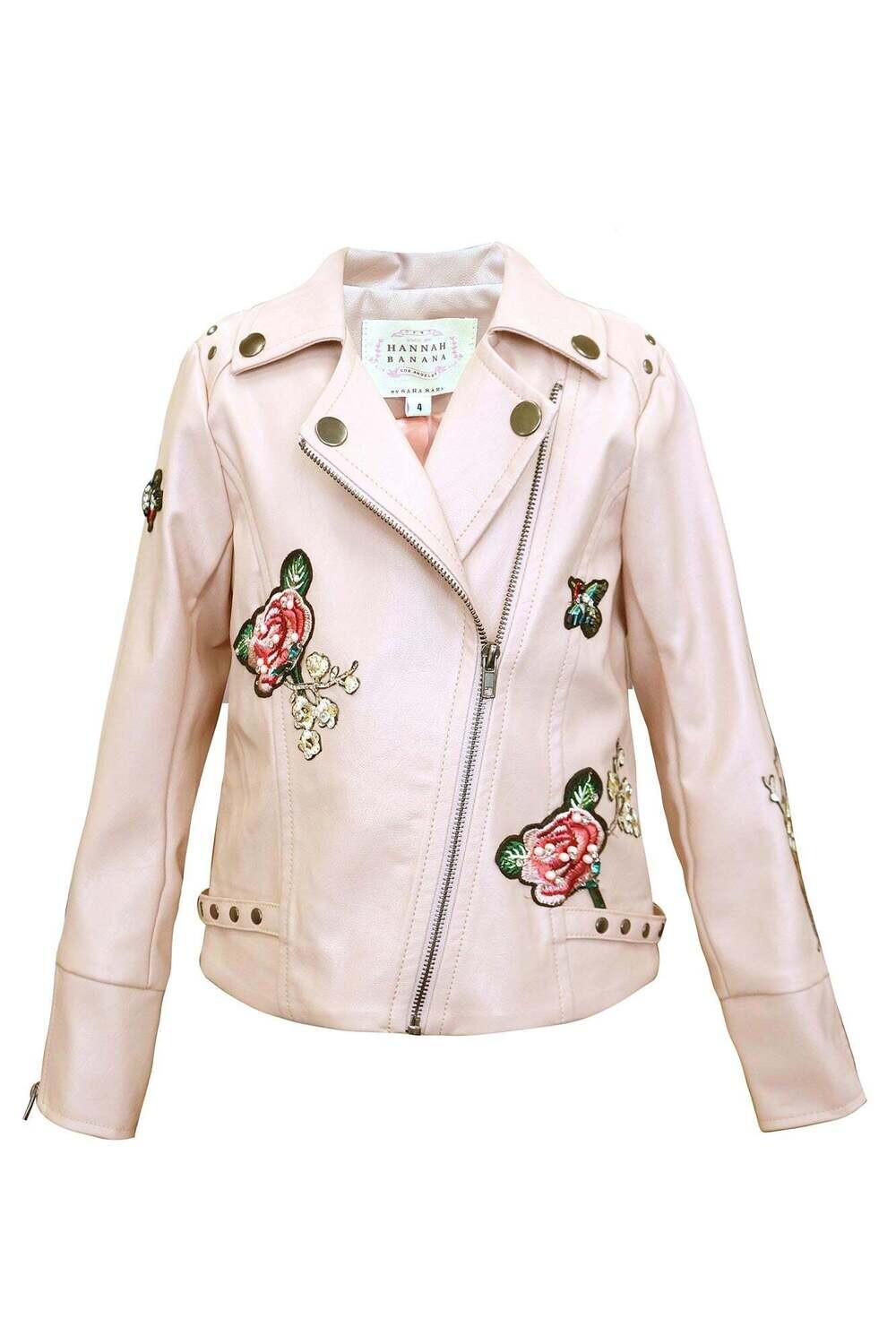 Hannah Banana Floral Patch Faux Leather Jacket