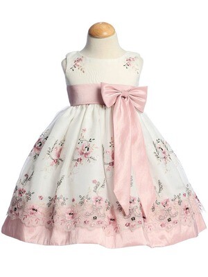 Dusty Rose Embroidered Organza Dress w/Taffeta Waistband & Bow