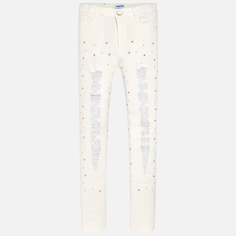 Mayoral Ripped White Denim with Rhinestones