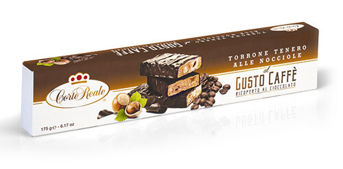 Nuga (torrone) su lazdyno riešutais ir kava, padengtas juoduoju šokoladu - 175 g