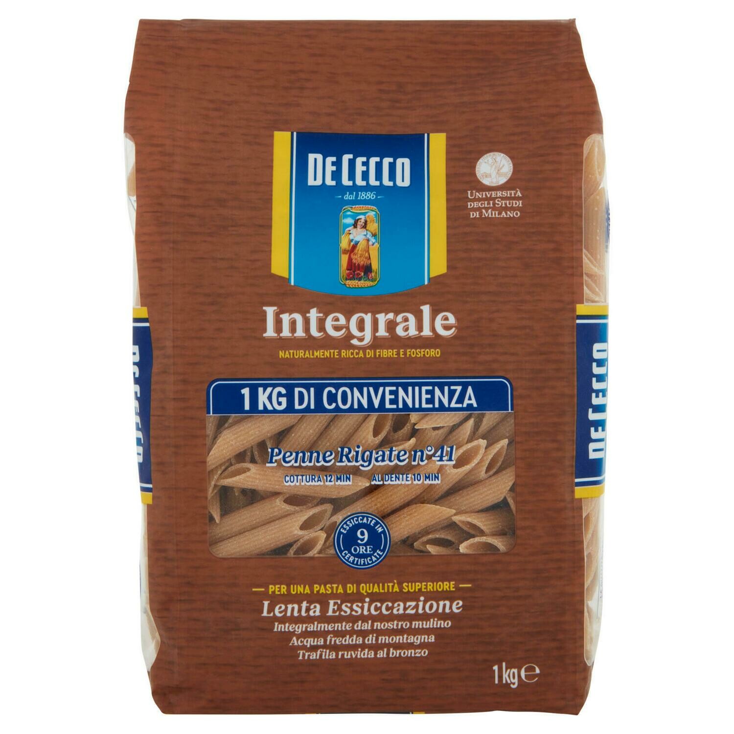 Itališki pilno grūdo makaronai De Cecco - Penne Rigate (vamzdeliai) Integrale, 1 kg