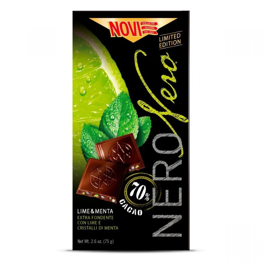 Juodasis šokoladas su laimu ir mėtomis- 75 g, NERONERO