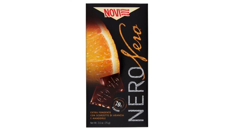 Juodasis šokoladas su apelsino žievele ir migdolais - 75 g, NERONERO