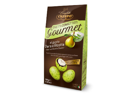 Cukruoti šokoladiniai kiaušiniai įdaryti rikotos ir kriaušių skonio kremu,  Crispo - 150 gr