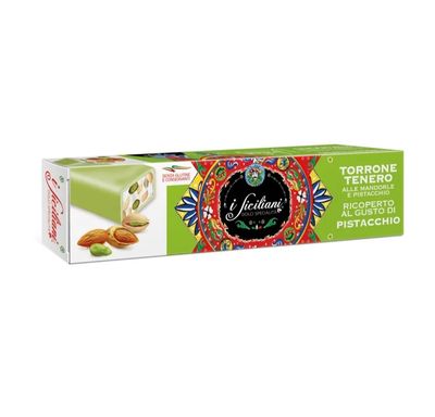 Nuga (torrone) su migdolais bei pistacijomis , padengtas pistacijų glaistu - 100 g