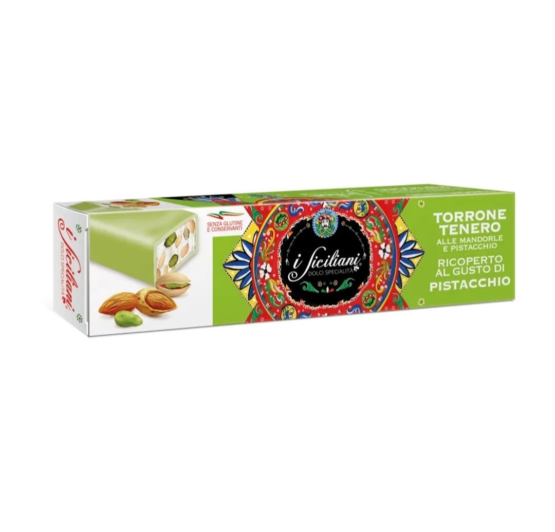 Nuga (torrone) su migdolais bei pistacijomis , padengtas pistacijų glaistu - 100 g