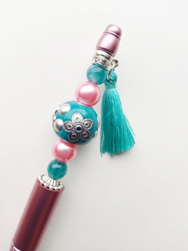 Kralenpen DIY pakketje oudroze met aquablauw en kwastje