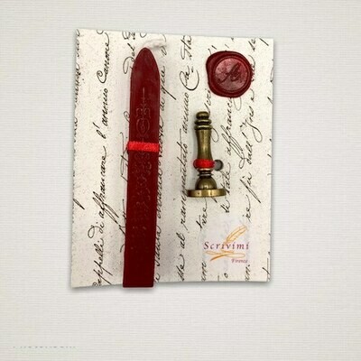 Personalized set containing mini seal with single initial of your choice in italics and red sealing wax