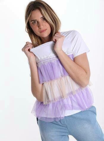 'Tulle Frill T' in White with Lavender and Beige