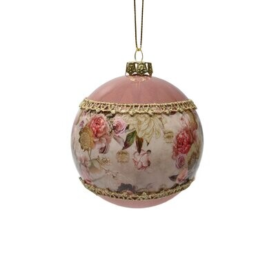 Bauble With Flowers Pink 8cm