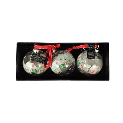 Glass Bauble With Green House - Box Of 3 - 8cm