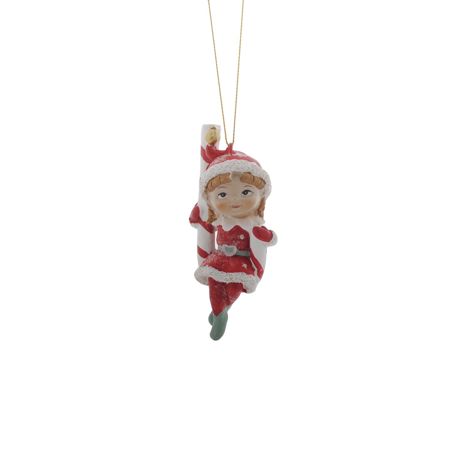 Elf Girl On Candy Cane Hanging Ornament 5x7x11cm