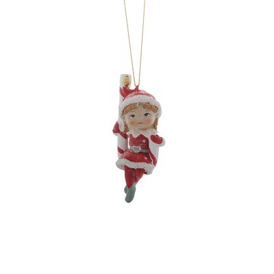 Elf Girl On Candy Cane Hanging Ornament 5x7x11cm