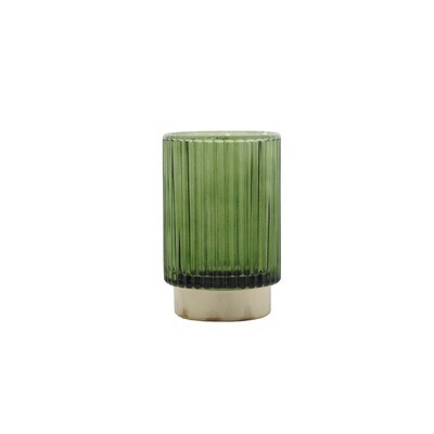 Tealight Holder Glass Green With Grooves 8.5x13cm