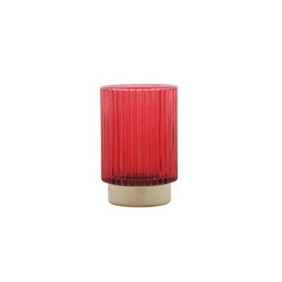 Tealight Holder Glass Red With Grooves 8.5x13cm